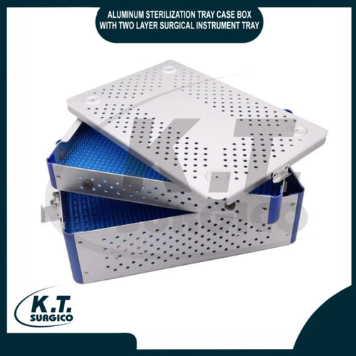 Two layer aluminum sterilization tray case box open showing double deck surgical instrument storage