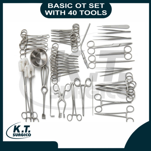 40 piece basic operating theater surgical instrument set made of premium stainless steel laid out for general surgery