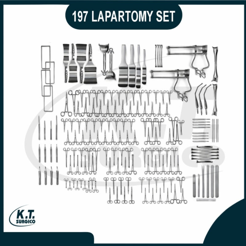 Heavy-duty Balfour and Deaver retractors included in the 197 piece laparotomy surgical set.