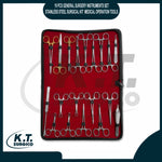 High-grade stainless steel surgical scissors, needle holders, and tissue forceps.