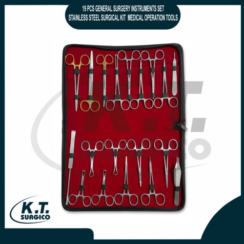 High-grade stainless steel surgical scissors, needle holders, and tissue forceps.