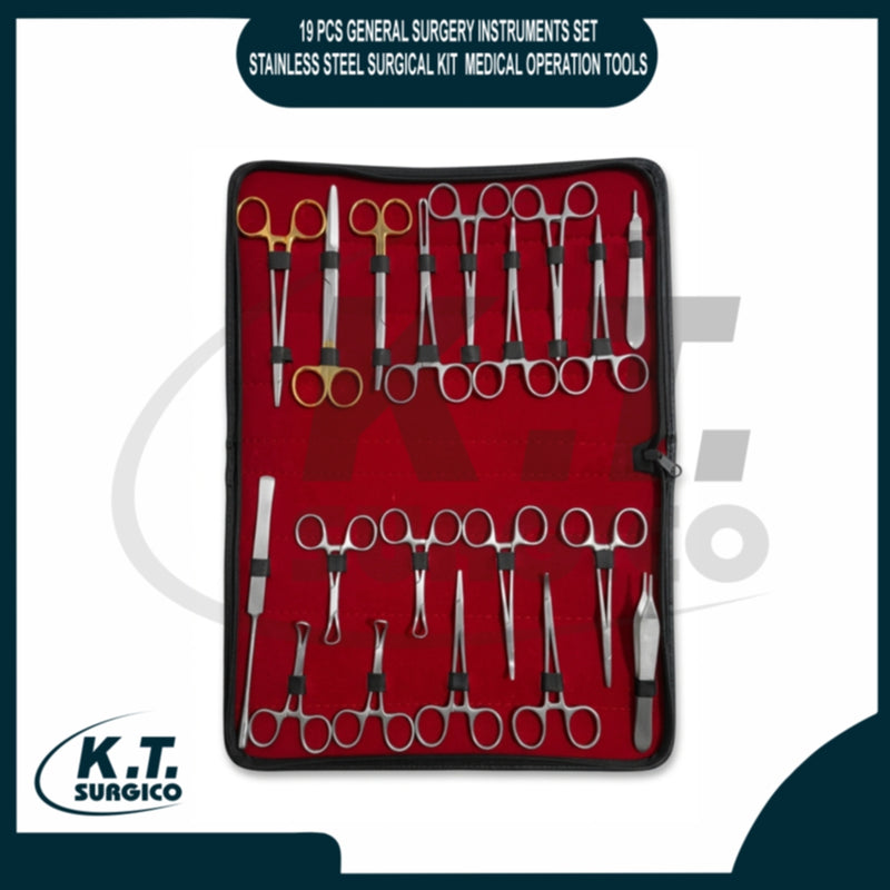 High-grade stainless steel surgical scissors, needle holders, and tissue forceps.