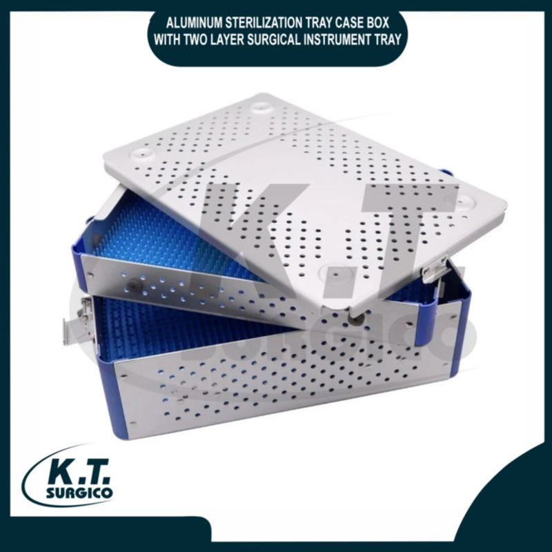 Two layer aluminum sterilization tray case box open showing double deck surgical instrument storage