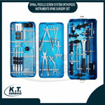 Complete spinal pedicle screw system orthopedic instrument set in sterilization tray.