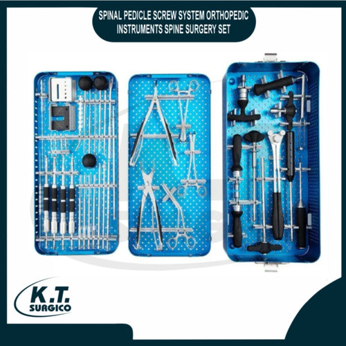 Complete spinal pedicle screw system orthopedic instrument set in sterilization tray.