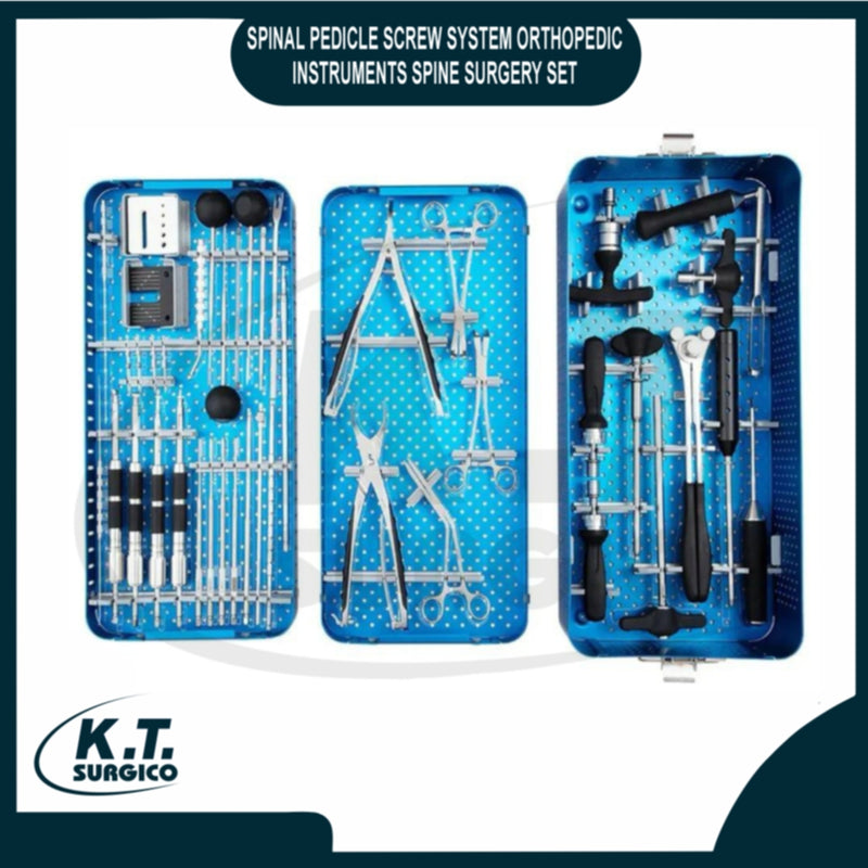 Complete spinal pedicle screw system orthopedic instrument set in sterilization tray.