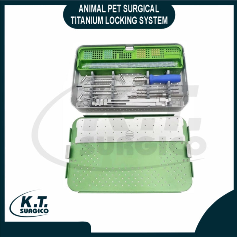 Complete veterinary titanium locking plate system with orthopedic implants for pet fracture repair.
