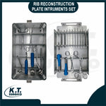 Rib reconstruction locking plate instrument set with titanium plates and surgical tools for thoracic fixation.