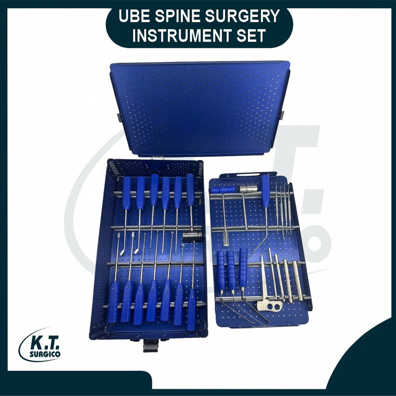 Complete UBE spine surgery instrument set for unilateral biportal endoscopic procedures.