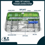 Complete veterinary titanium locking plate system with orthopedic implants for pet fracture repair.