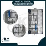 Complete veterinary titanium locking plate system with orthopedic implants for pet fracture repair.