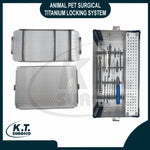 Complete veterinary titanium locking plate system with orthopedic implants for pet fracture repair.