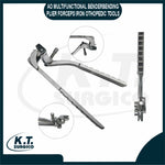 Rib reconstruction locking plate instrument set with titanium plates and surgical tools for thoracic fixation.