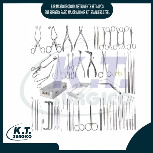 Premium stainless steel ear mastoidectomy surgical instruments set laid out for ENT and micro ear surgery