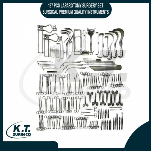 Heavy-duty Balfour and Deaver retractors included in the 197 piece laparotomy surgical set.