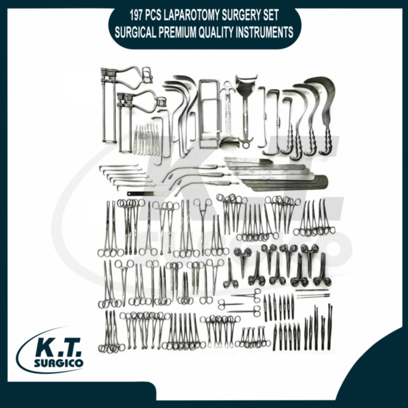 Heavy-duty Balfour and Deaver retractors included in the 197 piece laparotomy surgical set.