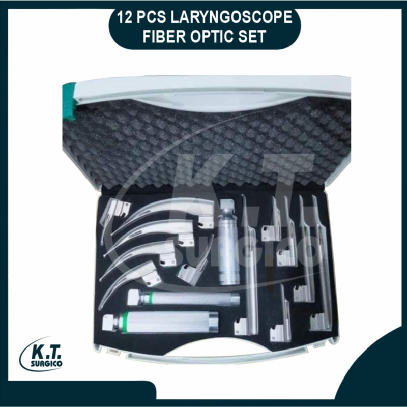 Stainless steel Macintosh and Miller fiber optic laryngoscope blades showing illumination pathway.