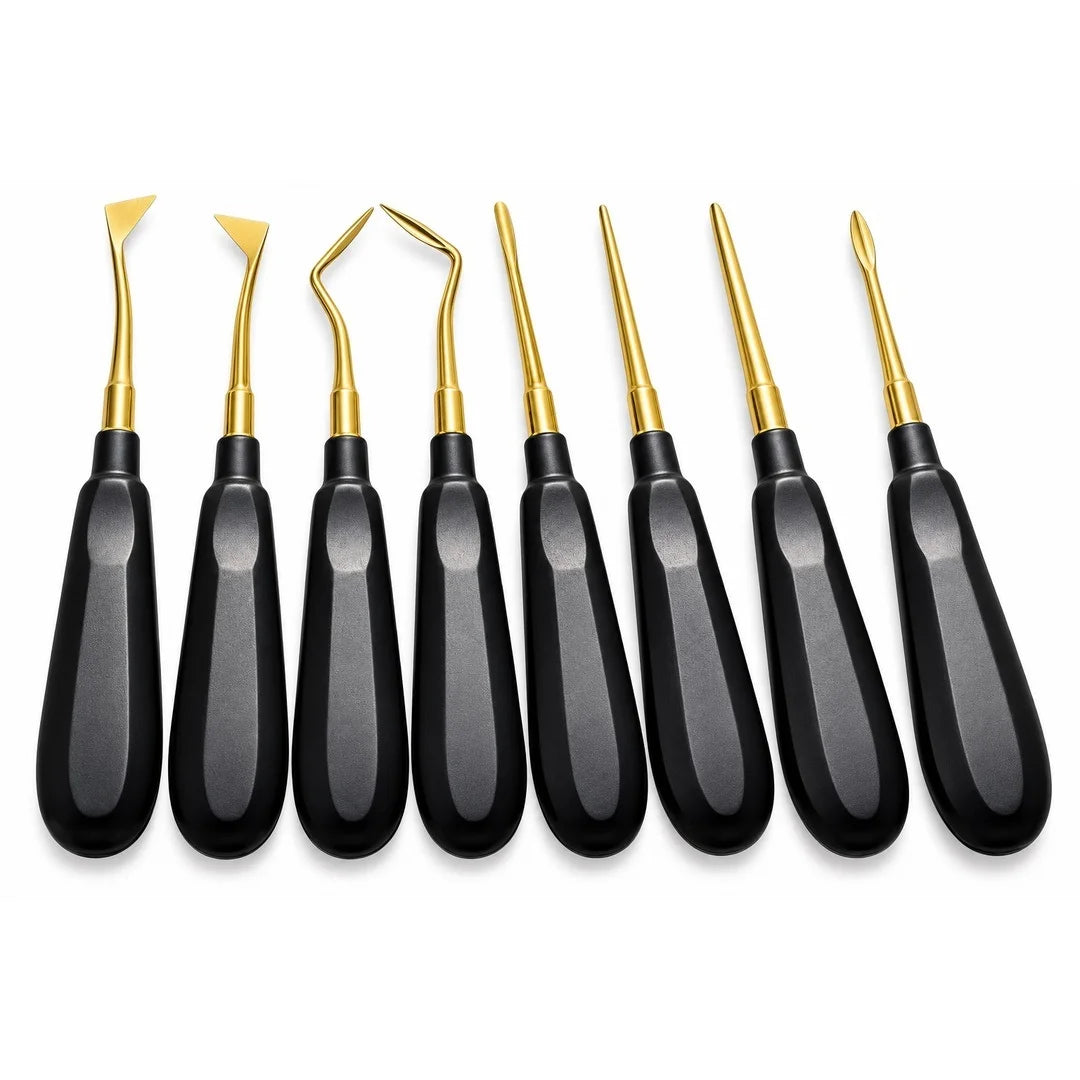 7-Piece Black Coated Dental Root Elevator Set – Stainless Steel Dental Instruments