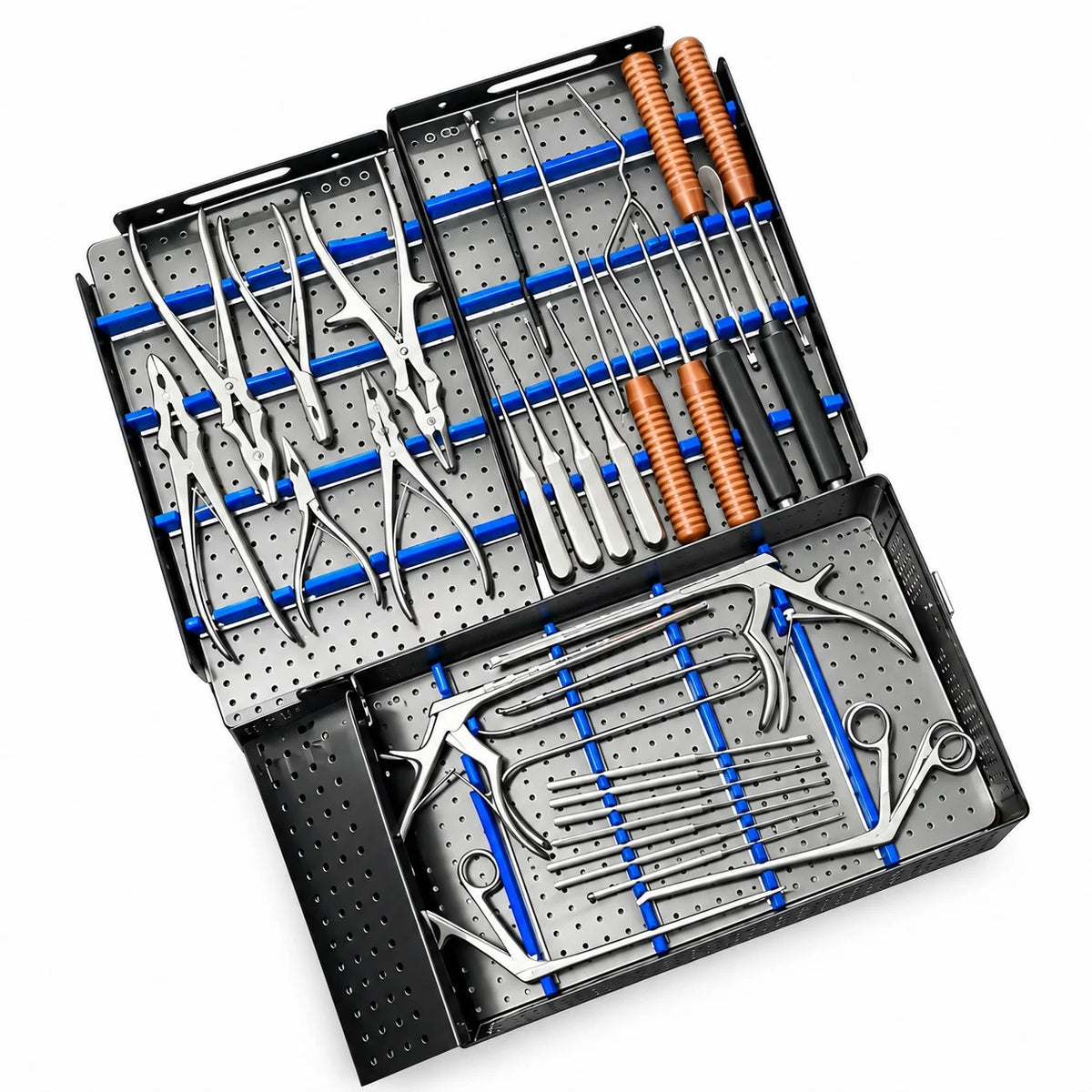 Lumbar spine orthopedic instrument set with sterilization box